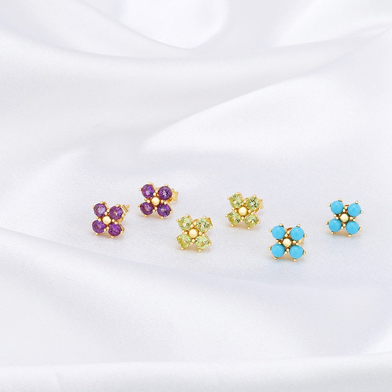 Amethyst Gemstone Flower Stud Earrings