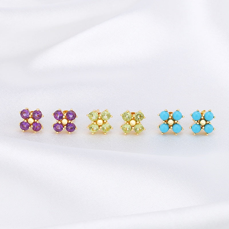 Peridot Gemstone Flower Stud Earrings