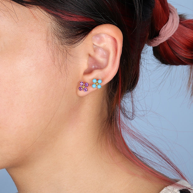 Synthetic Turquoise Gemstone Flower Stud Earrings