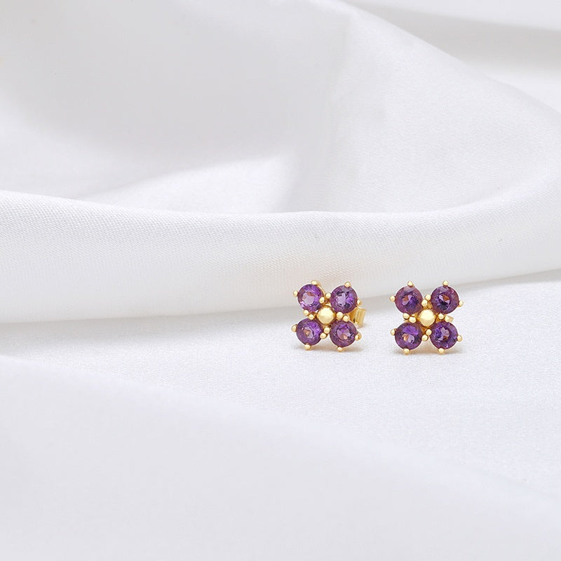 Amethyst Gemstone Flower Stud Earrings