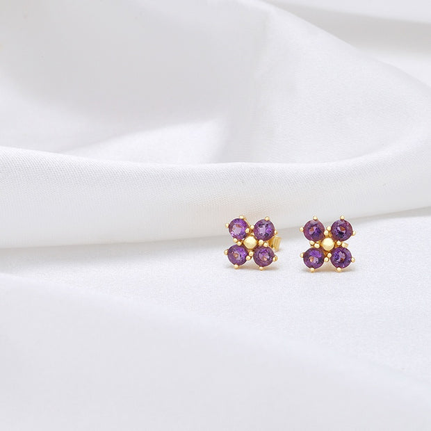 Amethyst Gemstone Flower Stud Earrings