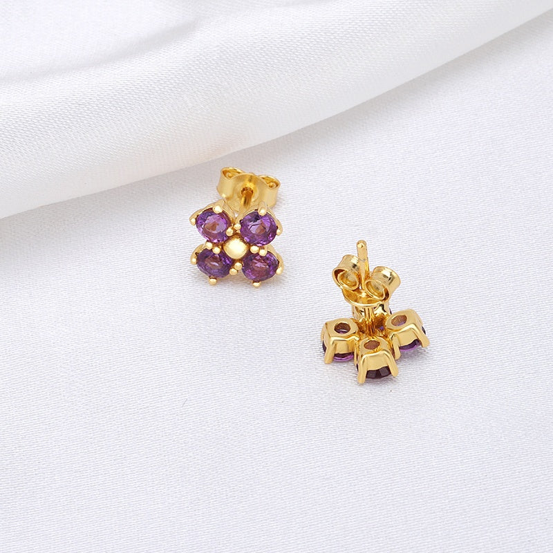 Amethyst Gemstone Flower Stud Earrings