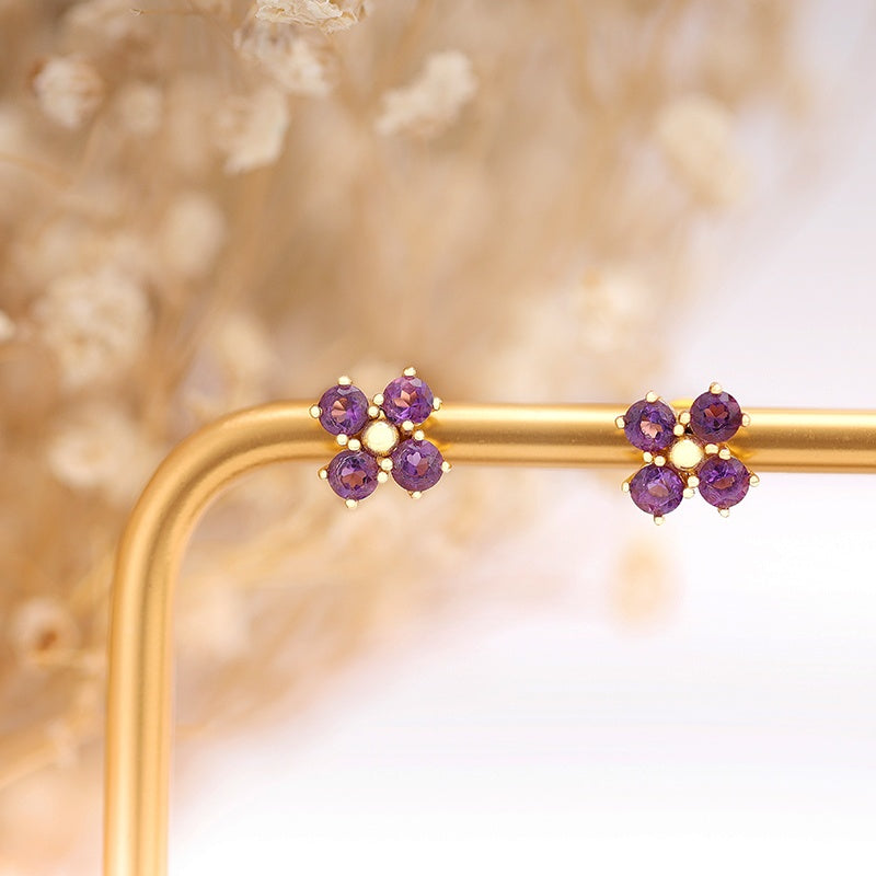 Amethyst Gemstone Flower Stud Earrings