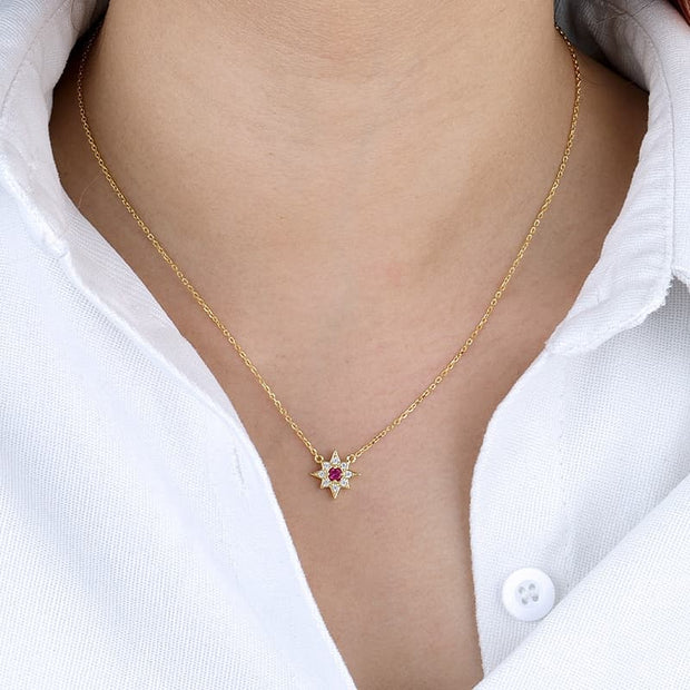 Eight-pointed Star Created Ruby And Diamond Necklace