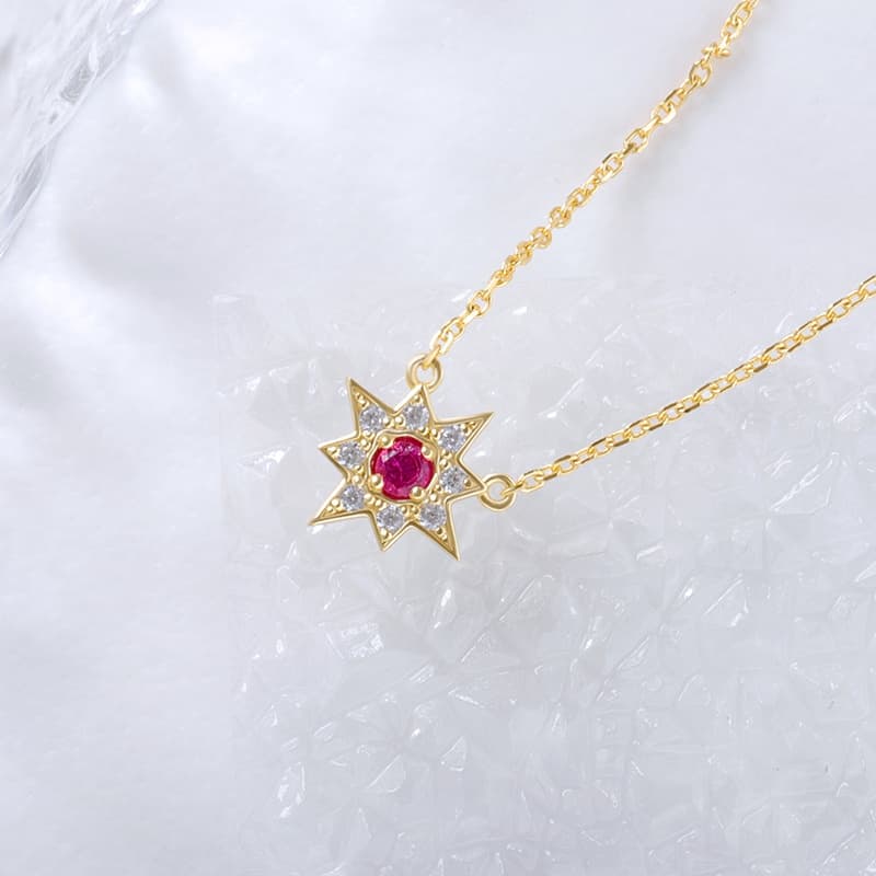 Eight-pointed Star Created Ruby And Diamond Necklace
