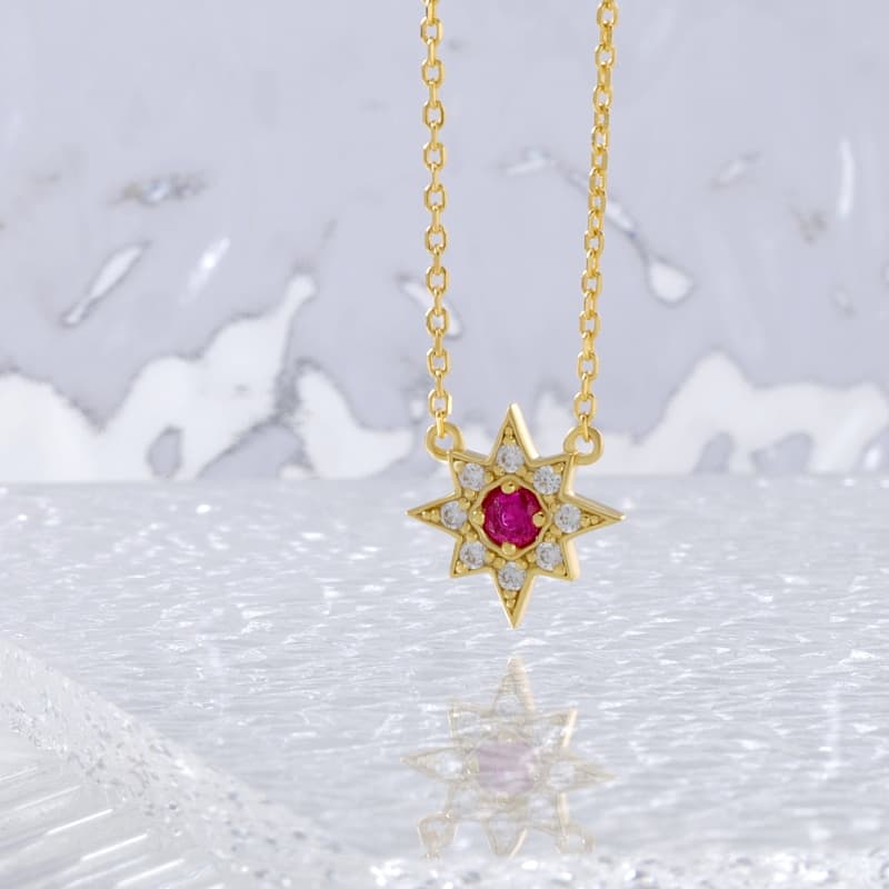 Eight-pointed Star Created Ruby And Diamond Necklace