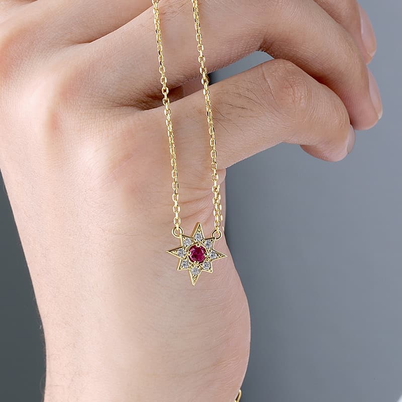 Eight-pointed Star Created Ruby And Diamond Necklace