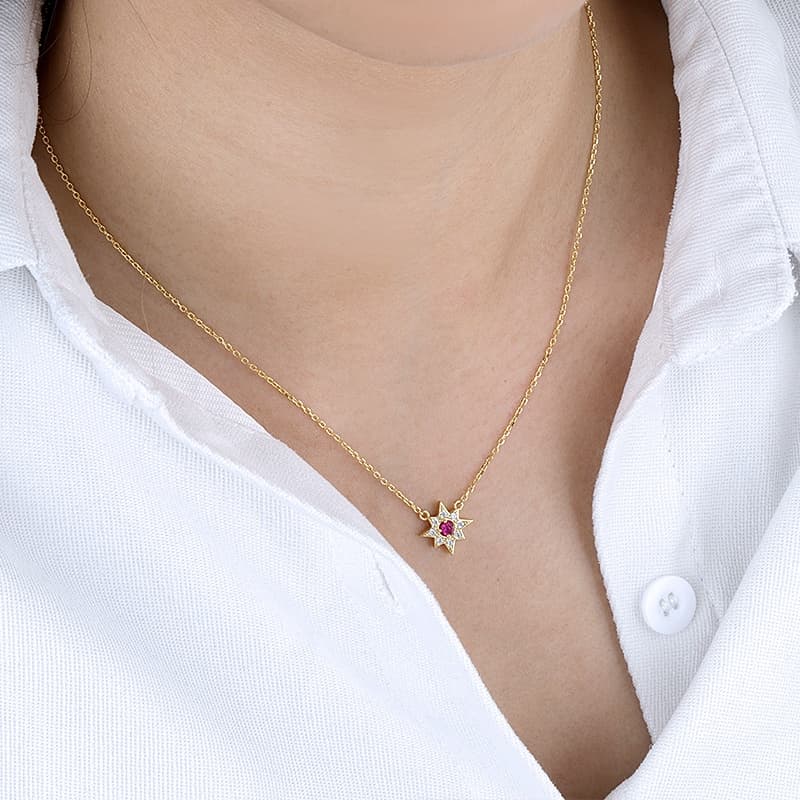 Eight-pointed Star Created Ruby And Diamond Necklace