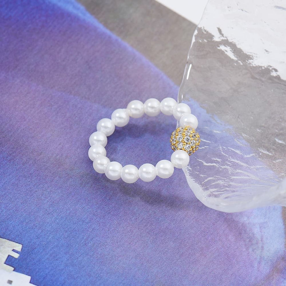 White CZ Iced Out Ball Shell Pearl Ring