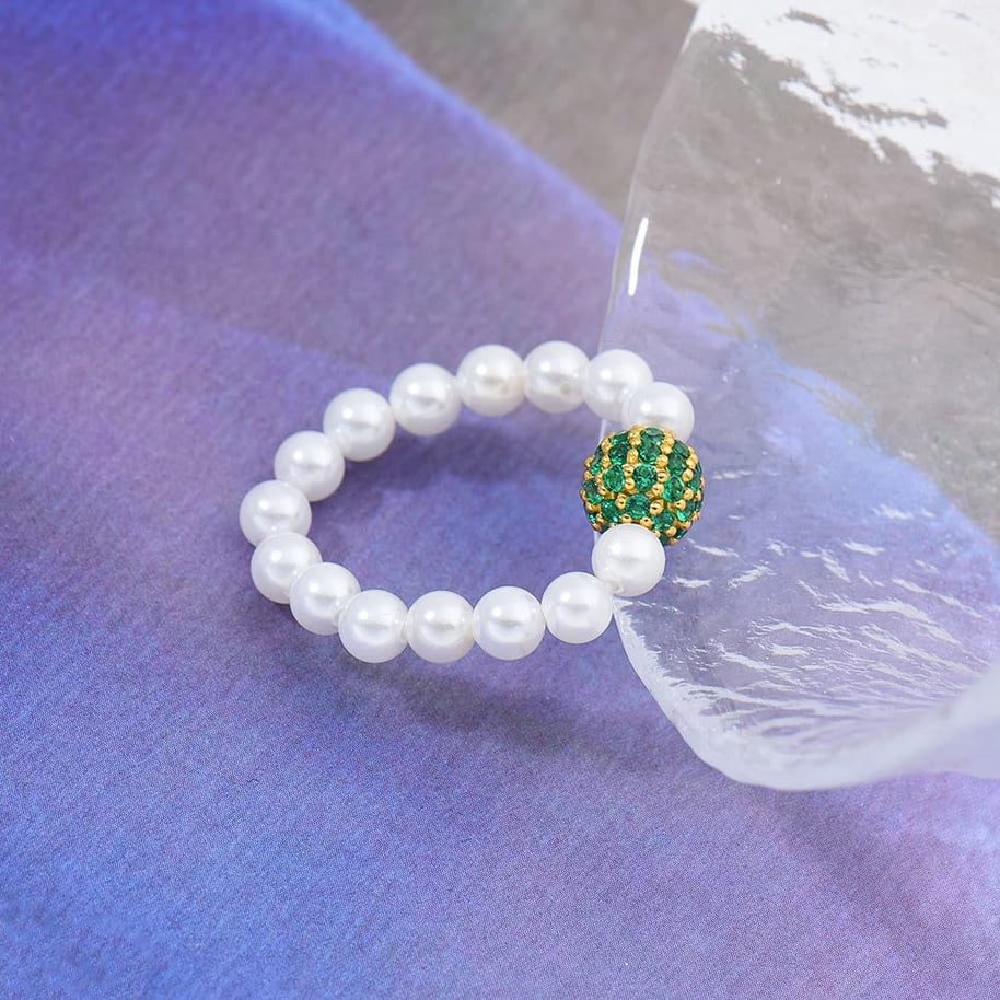 White CZ Iced Out Ball Shell Pearl Ring
