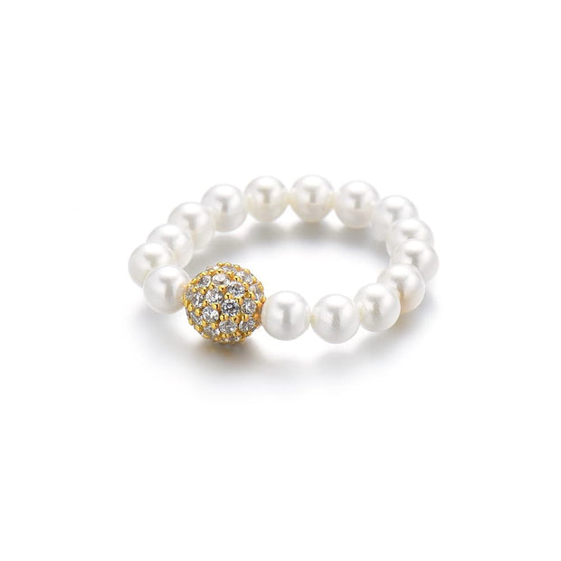 White CZ Iced Out Ball Shell Pearl Ring