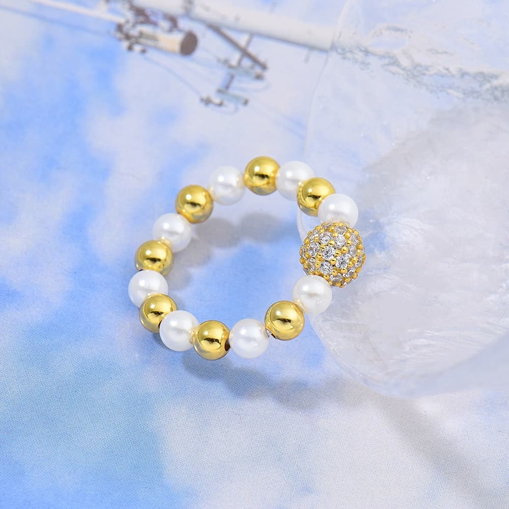Iced Out Ball Pearl Beaded Ring