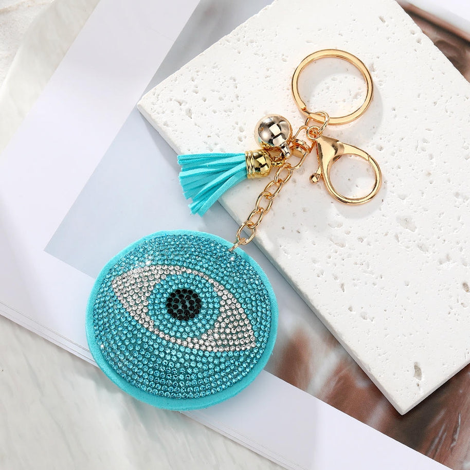 Evil Eye Keychain | Rhinestones Blue Charm | Leather Tael