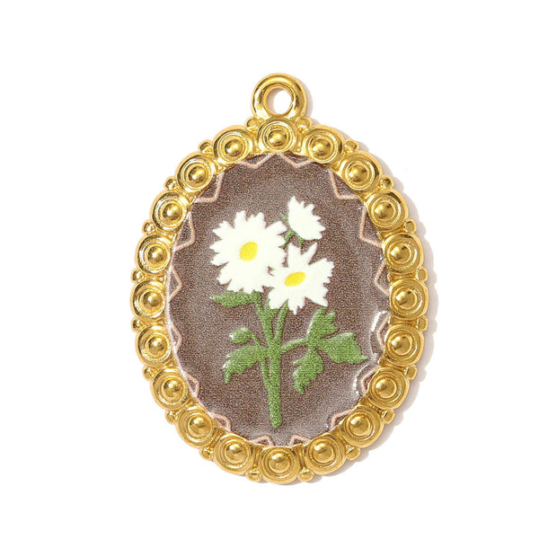 Romantic Daffodil Pendant | Vintage Oil Painting Steel Charm